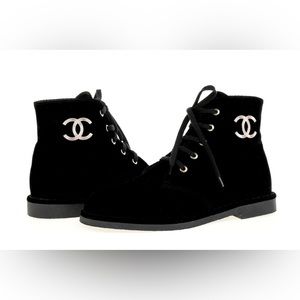 Chanel Velvet boots with gold metal CC logo
